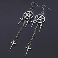 Pentagramos kardai Auskarai Sidabruoti Huggie Hoops Kabantys Raganiai papuošalai Pagon Wiccan Tarot Gothic Emo Dovana moterims sidabras