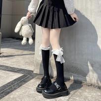 Vienspalvės juodos baltos moteriškos kojinės Lolita Girls Kawaii mielos ilgos kojinės JK japoniško stiliaus nėrinių Bowknot kelio kojinės One Size gray