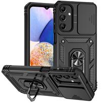 „3 viename“ apsauginis telefono dėklas, skirtas „Samsung Galaxy A15 5G“ magnetinio automobilio žiedo laikiklio stovo nugarėlėje, slankiojantis objektyvo dangtelis, skirtas Galaxy A14 5G dėklams For Samsung Galaxy A14 juoda