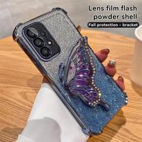 Glitter Plating Quicksand Butterfly Phone Holder Case for Samsung Galaxy A13 A23 A33 A53 A73 A12 A22 A32 A52 A52S 4G 5G Cover A13 4G mėlyna