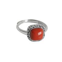 Fashionable Hollowed,out Imitation Red Agate Square Tang Grass Pattern Auspicious Cloud Ring Adjustable Band One Size
