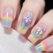 24 Pcs Colorful Press On Nail Long Square False Nail Lovely Flowers Acrylic Nail Glossy Full Cover Stick on Nail 1 gray