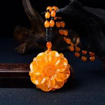Yellow Beeswax Amber Long Pendant Necklace Unique Gourd and Leaves Flower Design for Women Sweater Decor A3
