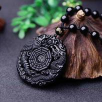 Natūralus juodas obsidianas rankomis raižytas kinų drakono fenikso paukščio amuletas bagua karoliai moterims vyrams, sėkmės talismanas amuleto pakabukas onesize gray