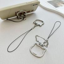 Daugiafunkcinė mobiliojo telefono virvelė ir stovas su sulankstomu piršto žiedu ir universaliu metaliniu pakabuku.