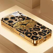 Auksinės Lūpos Leopardų Raštas Auksinės Metalinės Dažai Stiklinis Telefono Dangtelis iPhone 11 12 13 14 15 16 17 Pro Max 15 14 Plus 17 Air 16E iPhone 16 Pro black