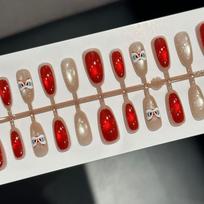 3D Festive Cat Eye Press-on Nails - Auspicious Red with Waking Lion Design (30 Pieces)