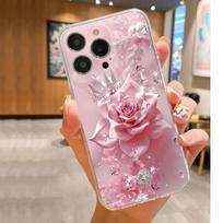 Pink Rose Transparent Drop-Proof Case for iPhone 15/16/17 Pro Max/14 Google Pixel 9 skaidri