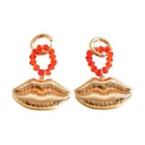 1 Pair Drop Earrings Red Faux Crystal Beaded Ring Three-Dimensional Metallic Lip Shape Leverback Earrings Jewelry Gift auksinė