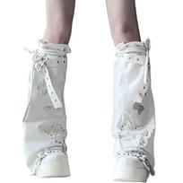 Women 90s Punk Boot Cover Buckled Belted Butterfly Denims Leg Warmer Flared Sock 1 balta