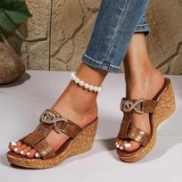 Bohemia Metal Decoration Wedge Heel Sandals Women 2025 Summer Round Toe Chunky Platform High Heel Slides Beach Slippers 36 ruda