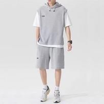Jaunimo Pavasario ir Vasaros Sportinis Kostiumas Paaugliams Trumpomis Rankovėmis su Gobtuvu T-shirt + Šortai Gražus Didelio Dydžio Dviejų Dalių Rinkinys L pilka