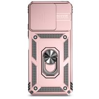 Skirtas Xiaomi Redmi 12 5G / Redmi 12 šarviniam telefono dėklui, fotoaparato objektyvo apsaugai, metaliniam žiediniam stovui, smūgiams atsparus dėklas Redmi 12 rožinio aukso spalvos