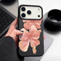 Dėklas iPhone 17 Pro Max Rožinio hibisko gėlės rašto Odos tekstūros Silikoninis dangtelis iPhone 16 Pro Max 15 14 13 12 11 Air 16E iPhone 12 Pro Max juoda