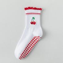 Women's Mid-Calf Non-Slip Yoga and Pilates Socks with Heart and Cherry Pattern One Size