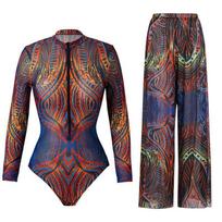 Long-sleeved Sunscreen Swimsuit Women's High Elastic Thickened Mesh Loose Trousers European and American Swimwear Fitness One-piece L brown