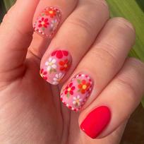 24pcs Glossy Red White Flower Press On Nails - Short Oval False Nails for Women and Girls - Full Cover Spring Summer Nails for Easter SN002 brown