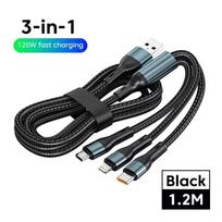 6A 120W 3 viename USB Type C kabelis Greitas įkrovimas Telefono įkroviklis Duomenų laidas Skirtas iPhone Samsung Xiaomi Huawei Greitas įkrovimas Micro USB laidas 1.2M juoda