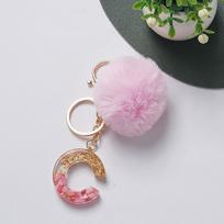 Cute Keyring Pink Pompom Fur Ball 26 Letter Keychain Resin Key Chains Handbag Charms For Woman Ornaments Accessories Gift