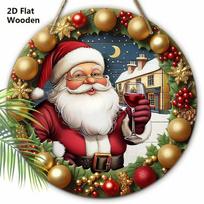 Wooden Christmas Sign with Kindly Santa Claus Pattern - Navidad Round Sign for Front Door Wall Hanging Decor - Ideal Christmas Decoration 20cm/7.87in raudona