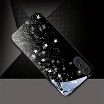 Tempered Glass Phone Case For Galaxy S26 S21 S22 S23 S24 S25 FE Ultra Plus Series. Features a Black White Twinkling Star Design. For Galaxy S26
