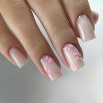 24Pcs Short Almond Press-On Nails Pink Floral French Tip Glossy&Elegant Full Cover Fake Nails for Women&Girls Spring,Daily Wear