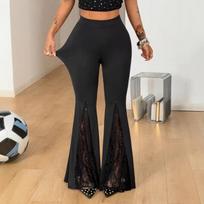 Women's High Waist Flare Pants Side Slit Lace Cutout Black Slim Fit Trousers L juoda