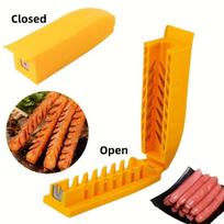 Rankų nenaudojantis pjaustymo įrankis dešrainiams, dešrelėms ir kt., Patvarus plastikinis BBQ pjaustytuvas su ergonomiška rankena, Galima plauti indaplovėje, Daugkartinio naudojimo namuose, geltona
