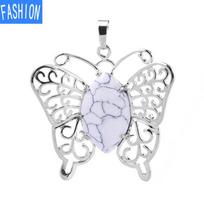 Popular Hollow Out Butterfly Temperament Necklace Pendant Natural Crystal Stone Energy Copper Buckle Alloy Animal Necklace amethyst white