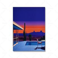 Nagai Hiroshi Palm Springs saulėlydžio baseino spaudinys Vintažinis japoniškas pop meno plakatas Namų dekoravimas Sienos menas Drobės tapyba 21cm×30cm NoFrame blue