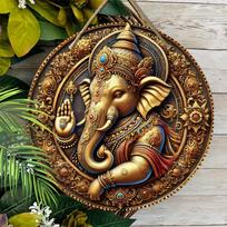 Wooden Ganesha Wall Hanging, Classic 2D Elephant-Headed God with Floral Design, for Door, Wall, Home, Room, Farmhouse, Street, Shop, Garage, Garden 1pc