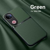 For VIVO V50 leather texture built-in magnetic TPU soft edge anti-drop anti-fingerprint phone case For VIVO V50 5G žalia