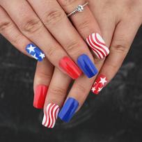 4th of July Press on Nail Square French Tip Fake Nail Independence False Nail with American Flag Star Stick on Nail 1