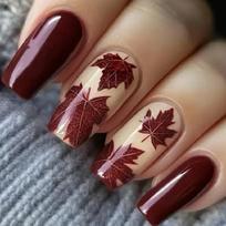 24Pcs Press On Nail Glossy Wine Red Maple Pattern ABS Material Easy Application for Casual Event 1 brown