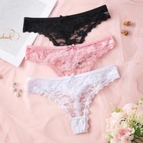 3Pcs Sexy Lace Women Thongs Transparent Women Panties Sexy Underwear Solid Floral G-String Size XS-XL Female Underpants Lingerie XS įvairiaspalvis