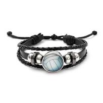 Adjustable Multi-Layer Leather Bracelet with Volleyball Charm Braided Cord Wristband for Sports Fans and Casual Wear Unisex Jewelry Accessory One Size black