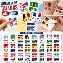 48 vienetų laikinų tatuiruočių rinkinys su įvairių šalių vėliavų dizainu Kūno menui ir dekoravimui Tinka įvairioms progoms ir renginiams One Size