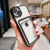 Silikoninis skaidrus su objektyvo plėvelės dėklu, skirtas iPhone 15 14 13 11 12 Pro Max piniginės kortelės laikiklio telefono dangtelis iPhone 13 juoda
