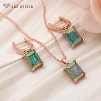 Fashion Rectangle Ice Crack Crystal Drop Earrings Jewelry Sets For Women Pendant Necklace Rose Gold Color beige