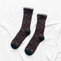 Moteriškos japoniški nėriniai gėlėti puskojinės iki pusės blauzdos - Retro etninis miško stilius One Size žalia