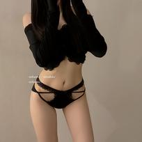 Black Cross Cutout Lace-Up Thongs - Sexy Mid-Waist Pure Cotton Panties for Women XL (60-70 kg)
