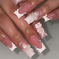 Lovely French Manicure Press On Nail With Delicate Pearls And Ribbons In White ABS Material 1