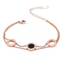 18K Gold Roman Black Mother-of-Pearl Hollow Double Layer Bracelet - Versatile Trendy Couple Design rožinio aukso spalvos