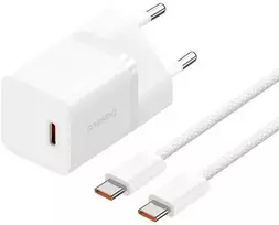 „Baseus“ įkroviklis „Baseus GaN5 mini 1C 30 W EU“ su USB-C kabeliu (mėnulio balta)