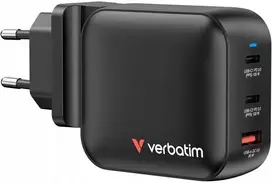 „Verbatim“ „Mini GaN“ 100 W įkroviklis su 2 USB-C PD ir 1 USB-A QC jungtimis, juodos spalvos (32230)
