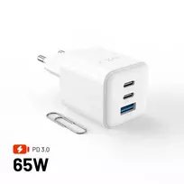 Įkroviklis „Fixed Mini“ su 1 USB-A ir 2 USB-C jungtimis, 3,25 A (FIXCG65M-2C1A-WH)