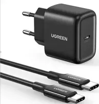 Ugreen įkroviklis UGREEN CD250 tinklinis įkroviklis, 25 W, USB-C (juodas) + USB-C–USB-C laidas, 2 m (juodas)