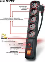 „Acar F5 PRO“ maitinimo juosta su apsauga nuo viršįtampių, 5 lizdai, 1,5 m, juoda (W0092)