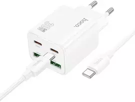 „Hoco“ telefono tinklinis įkroviklis su 2 x USB-C ir 2 x USB-A jungtimis, QC3.0, PD 3A, 30 W, su USB-C į USB-C kabeliu N56, baltas