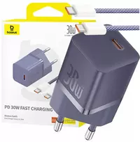 „Baseus“ įkroviklis „Baseus GaN5“ 30 W USB-C EU tinklinis įkroviklis su violetinės spalvos „Baseus Dynamic 3“ USB-C 100 W 1 m kabeliu – violetinė
